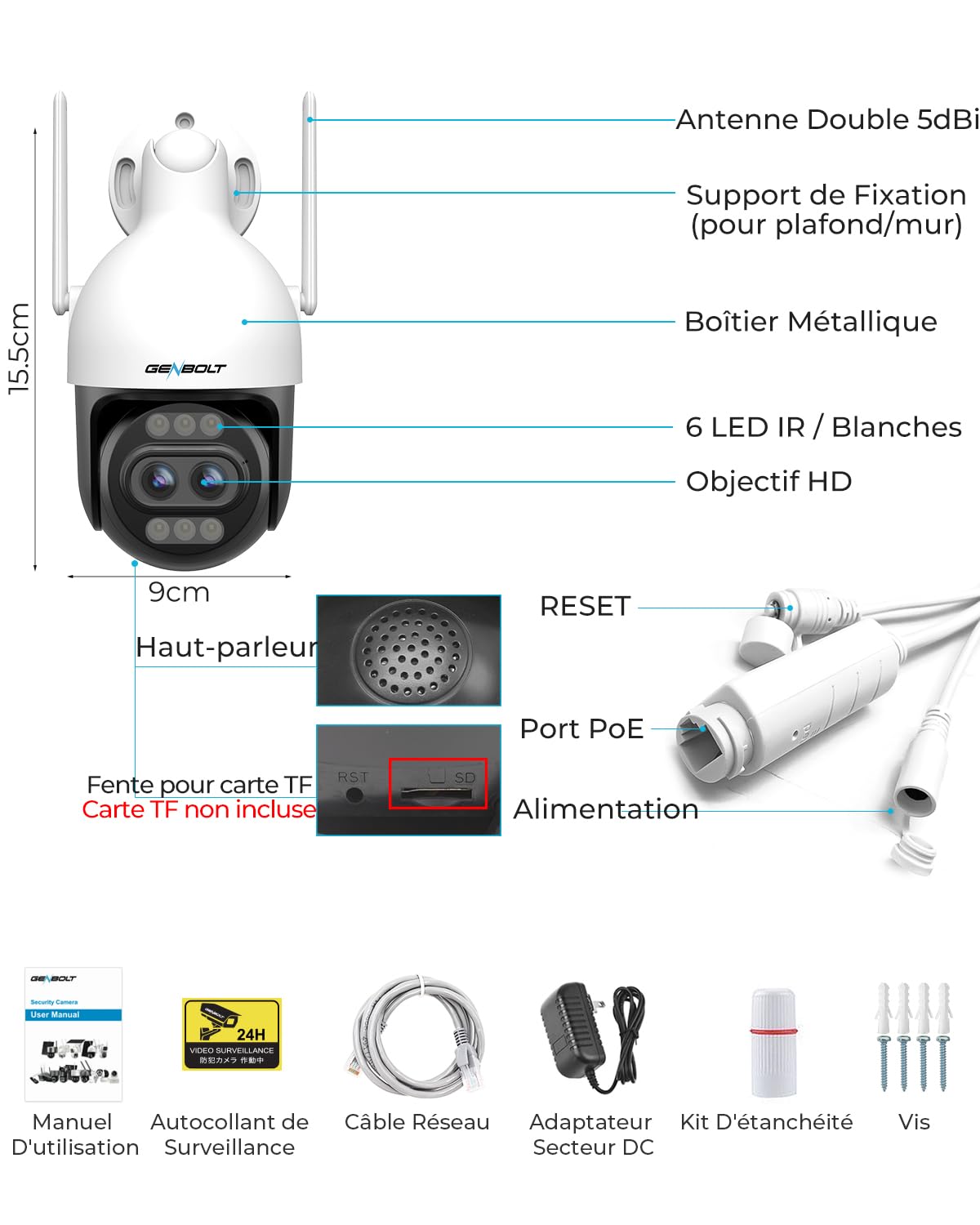 GENBOLT 4K WiFi Caméra Surveillance Extérieur,8MP Dual Lens Camera CCTV IP