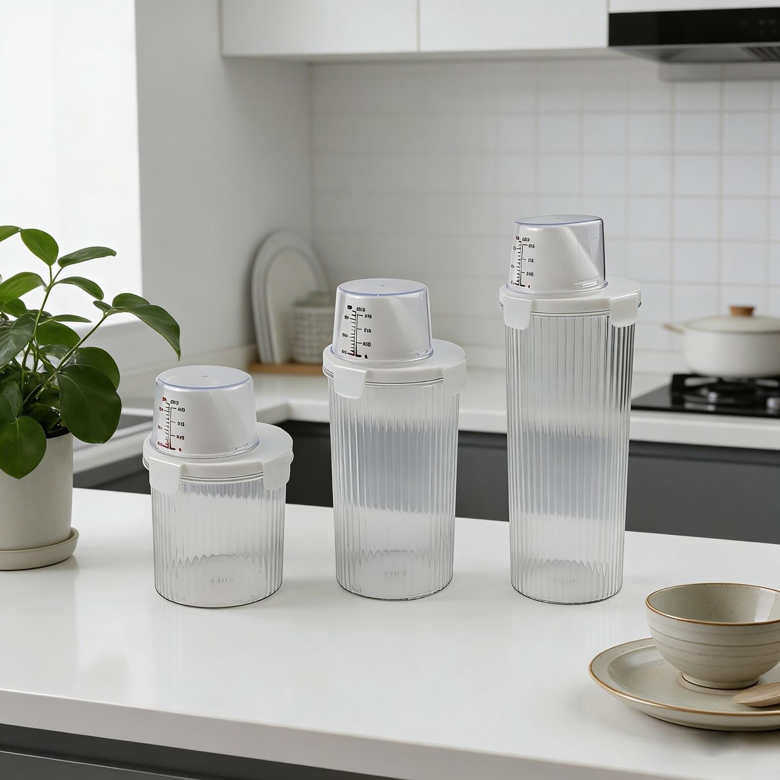 Contenitore ermetico trasparente con beccuccio e paletta per riso, cereali, farina, zucchero, noci, fagioli, cibo secco, dispensa, organizer in plastica grande (piccolo+medio+grande)