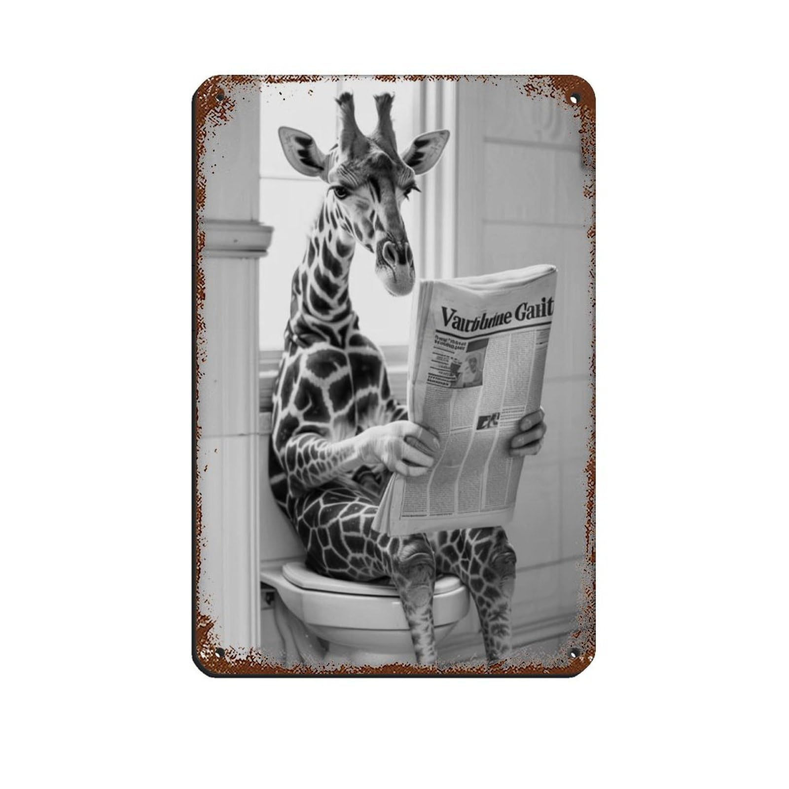Lxwnze 20L X 30W Cm Giraffe Sitting On The Toilet Reading A Newspaper Tin Sign Vintage Metal Pub Club Cafe Bar Home Wall Art Decoration Poster Retro 8X12inch(20X30cm)