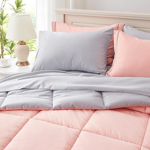 Miniatura 4 de Anluoer Juego de edredón de cama tamaño King de 7 piezas, color rosa con sábanas, juegos de ropa de cama para todas las estaciones con 1 edredón, 2