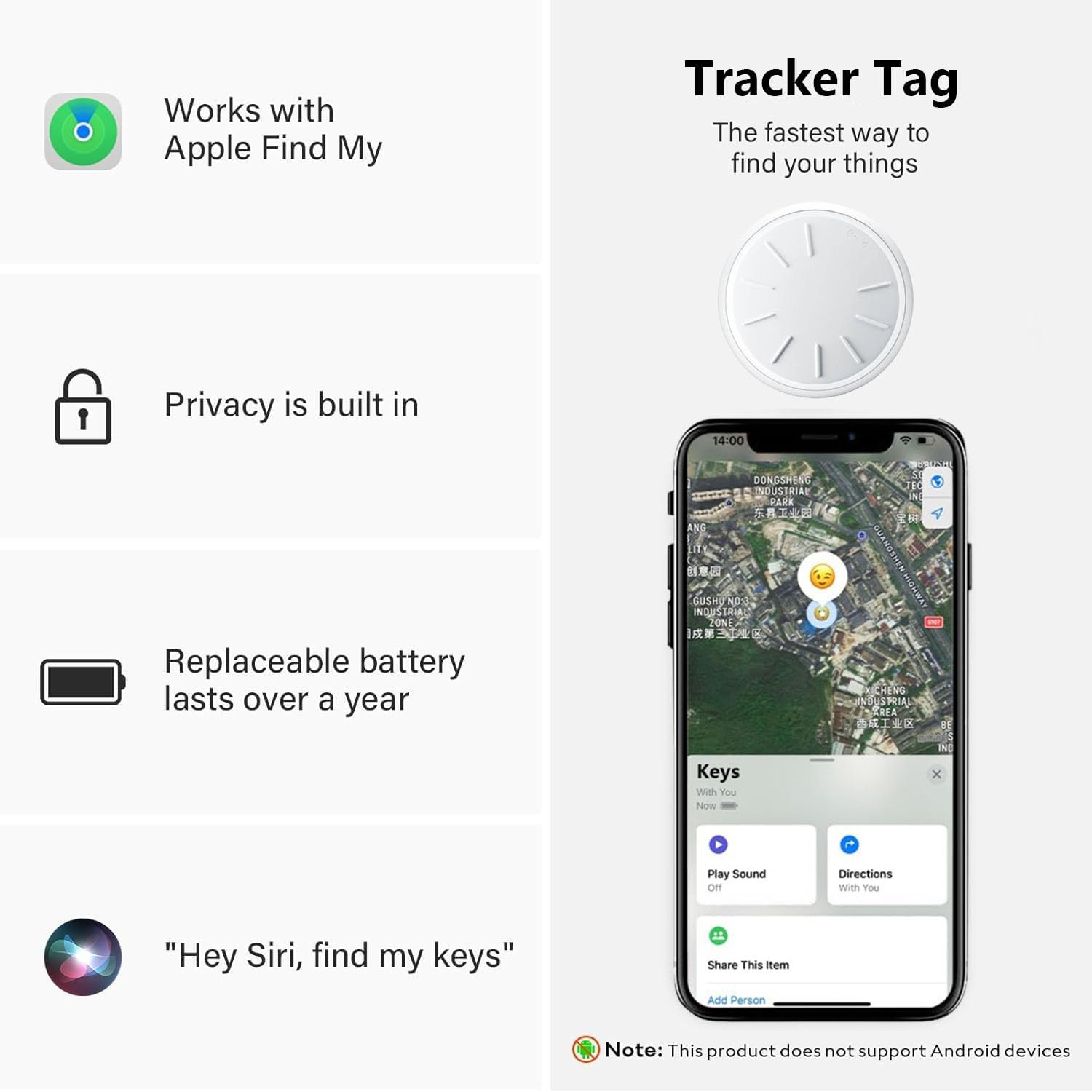 Tracker - Paquete de 2 buscadores de artículos compatibles con Apple Find My (solo iOS), etiqueta de rastreador Bluetooth para equipaje, llaves, mochila y más, etiqueta inteligente con 2 soportes para