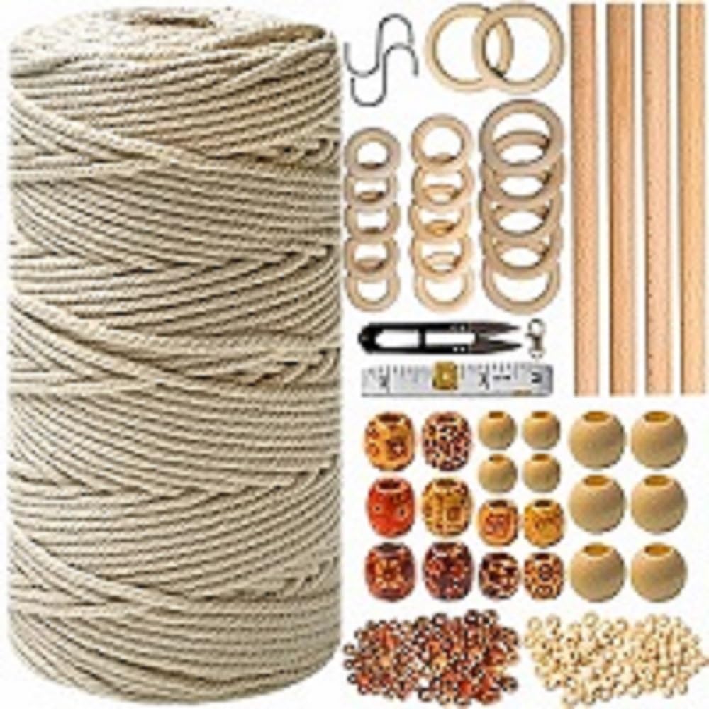 Macrame Kit - 227pc Wall Hanging and Plant Hanger Supplies, 225y Cord 3mm, Beads, Wood Dowels, Rings, E-Book - DIY Craft Starter Set for Adults and Beginners