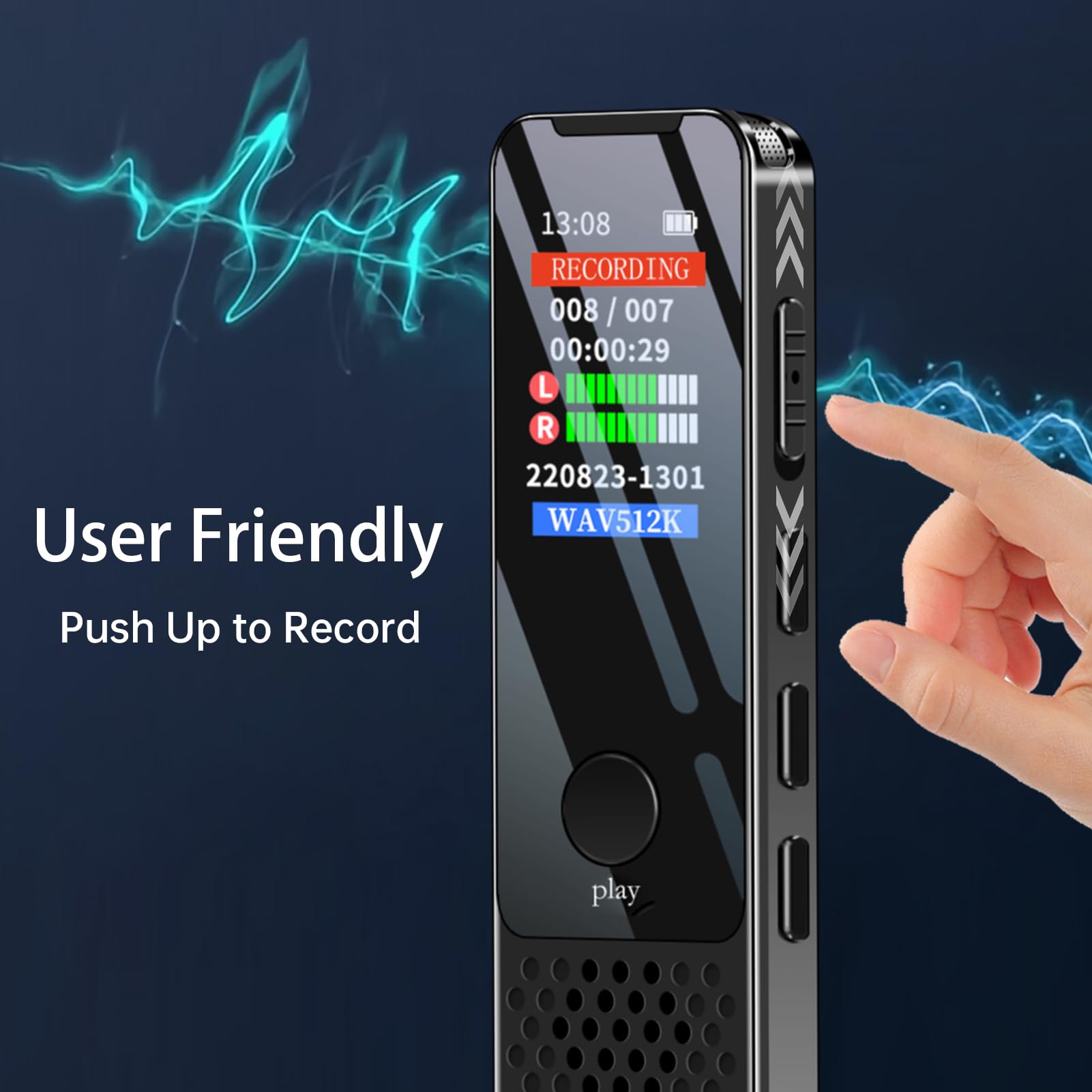 Registratore vocale digitale modello 914 con memoria interna da 64 GB - Acquisizione audio da 1536 kbps e schermo TFT - Registrazione ad attivazione vocale e riproduzione MP3 -
