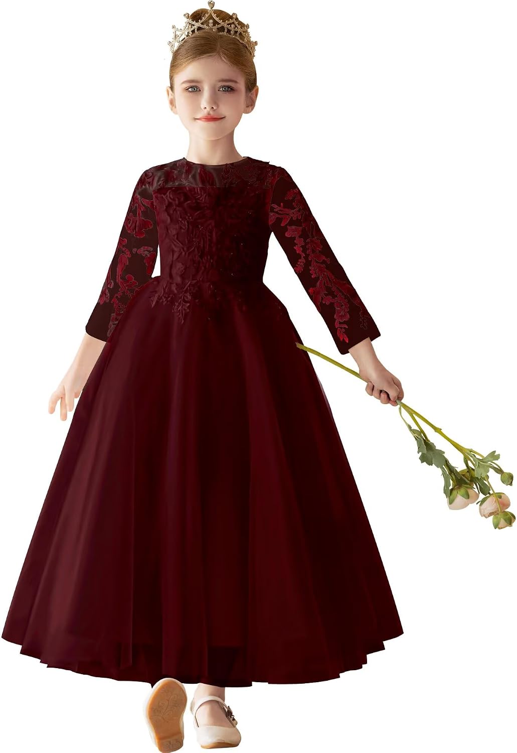 Long Sleeve Flower Girl Dresses for Wedding Tulle Floral Applique First Communion Dress for Girls