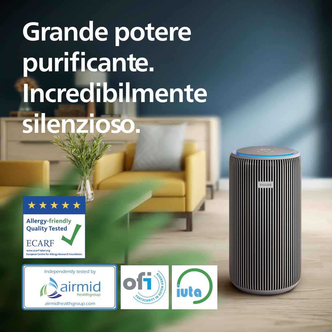 Philips PureProtect 3200 Series: Purificatore d'aria Intelligente, Filtro HEPA e a Carbonio Attivo, CADR 500 m³/h per spazi di 130 m², ultra-silenzioso ed efficiente energeticamente (AC3210/12)