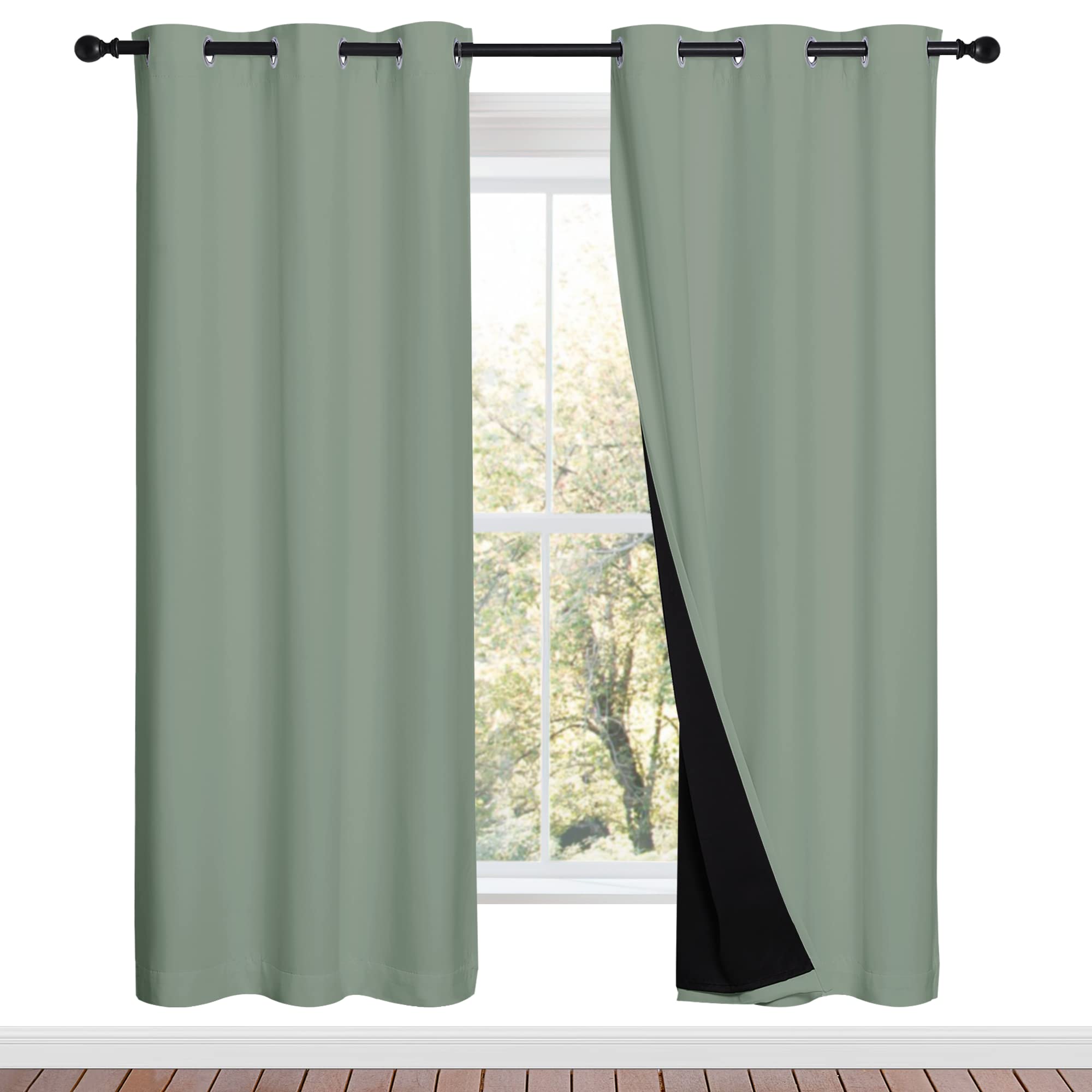 NICETOWN 100% Blackout Window Curtain Panels, Full Light Blocking Drapes with Black Liner for Nursery, 72-inch Drop Thermal Insulated Draperies (Greyish Green, 2 Pieces, 42-inch Wide Per Panel)