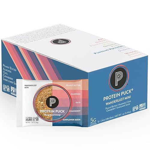 Protein Puck Mini barras de proteínas, Wanderlust, caja de 12 bocadillos altos en proteínas con 0.21oz de proteína vegana, sin gluten, sin lácteos,