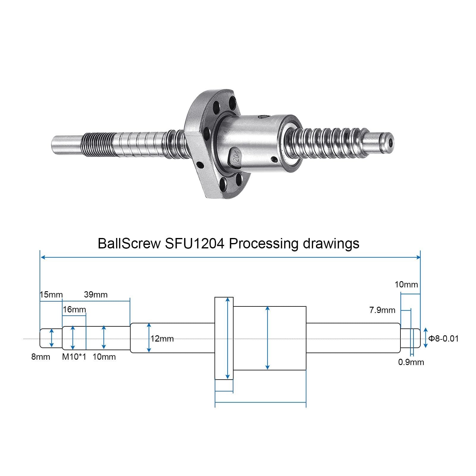 QUARKZMAN Vis à Billes SFU1204 (Diamètre 12Mm, Pas 4Mm, Longueur 150Mm) avec Écrou de Vis à Billes Kit de Vis à Billes Anti-Jeu Standard Usinage d'Extrémité pour Pièces de Machine Cnc