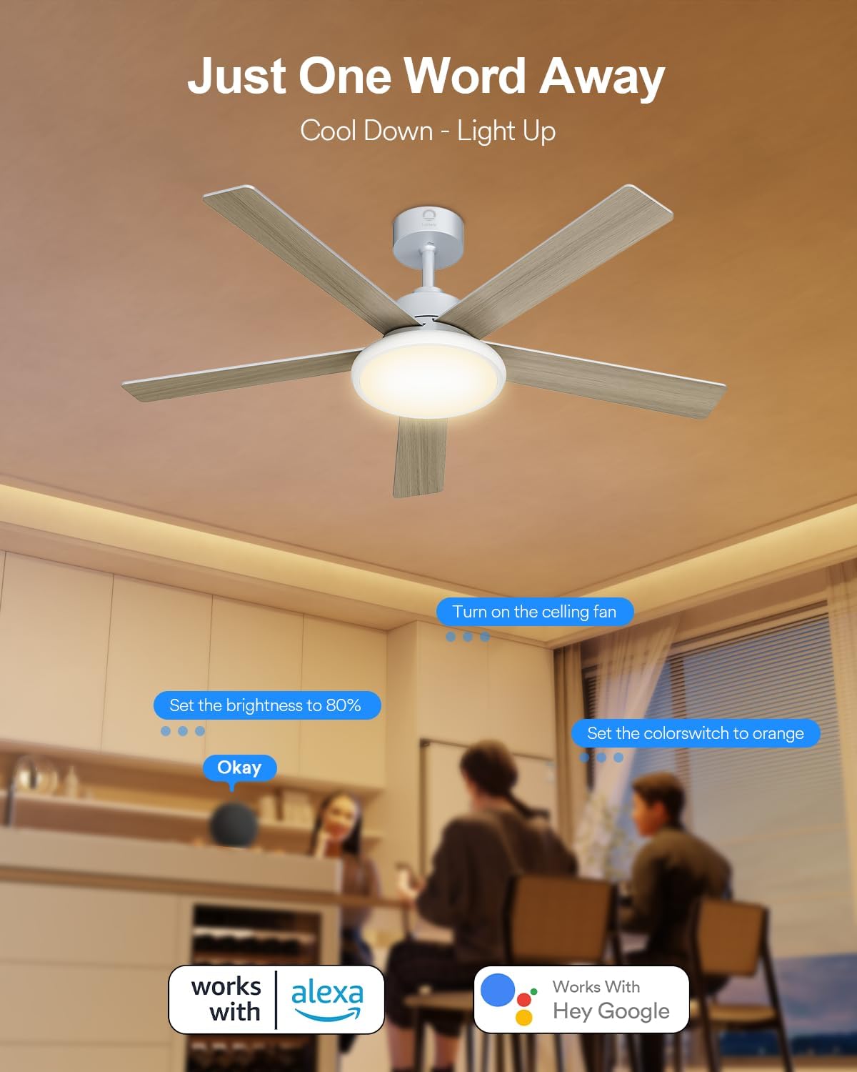 Lumary 52'' Smart Ceiling Fan with RGBAI Lights Remote, RGB & Stepless Color Temperature, Work with Alexa/Google/App, 46 Scenes, Modern Flush Mount Low Profile Ceiling Fan for Bedroom Kids Room, White