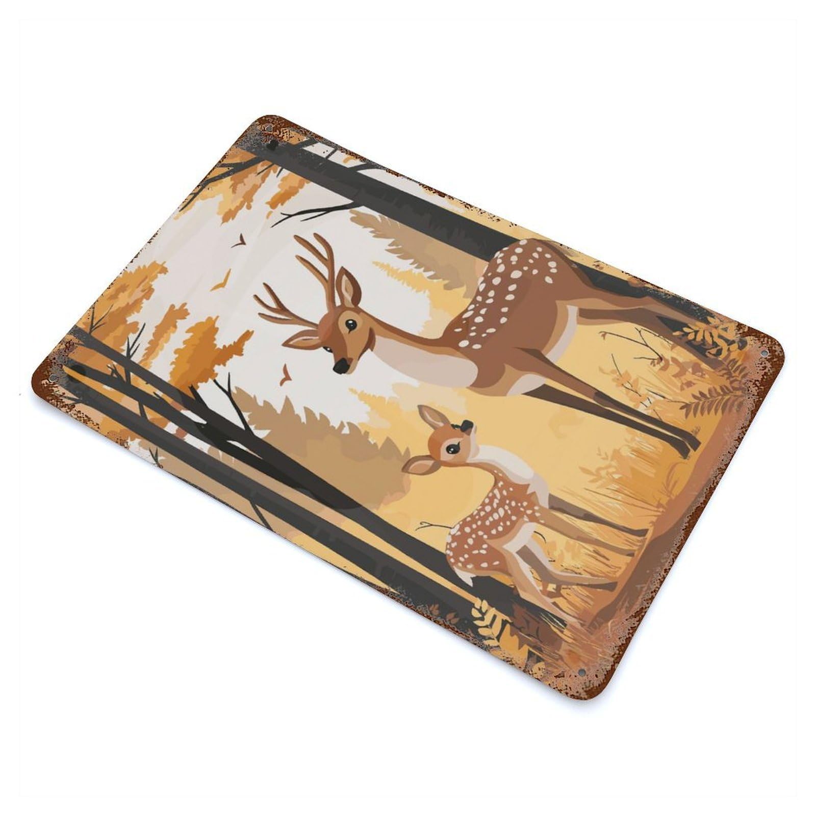 Deer Family in Autumn Forest Rust Effect Tin Sign 11.8"x7.9", Industrial Home Decor for Bistro, Counter And Cafe Decor