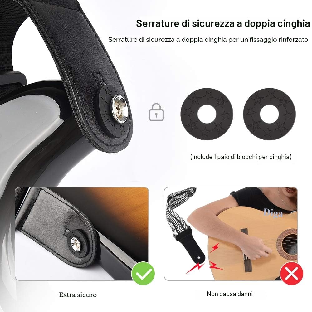 LEKATO Tracolle per chitarra elettrica e basso, 7,6 cm, tracolla imbottita, lunghezza regolabile da 114,3 cm a 139,7 cm, porta plettri, 2 cinghie di sicurezza
