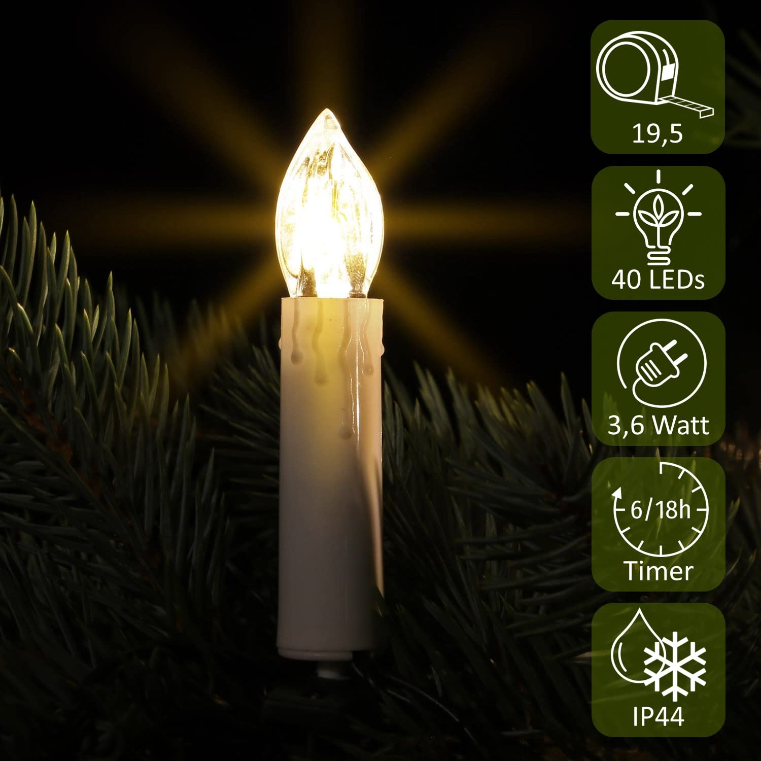 CLGarden LED Kerzen Lichterkette LEDKLK40 Kerzenlichterkette 40 Schaftlampen mit Kabel Timer