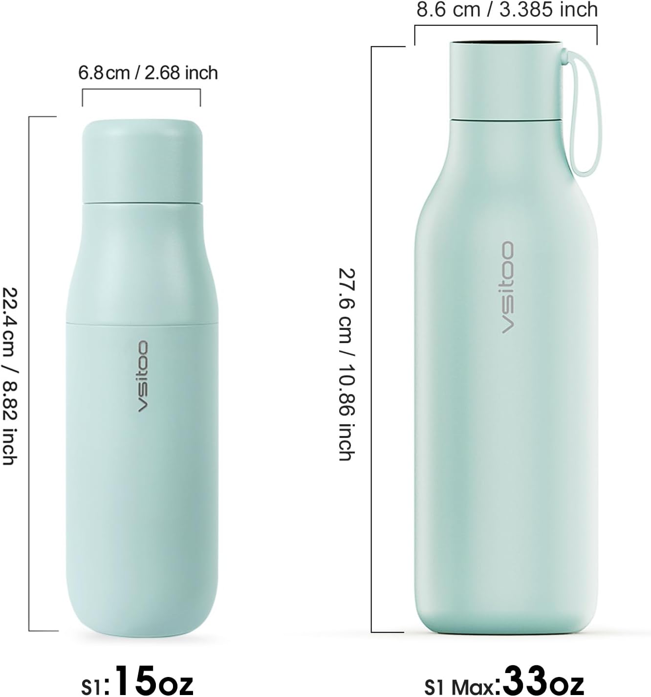 Comparison image showing the dimensions of the 15oz VSITOO S1 water bottle next to a larger 33oz S1 Max bottle.