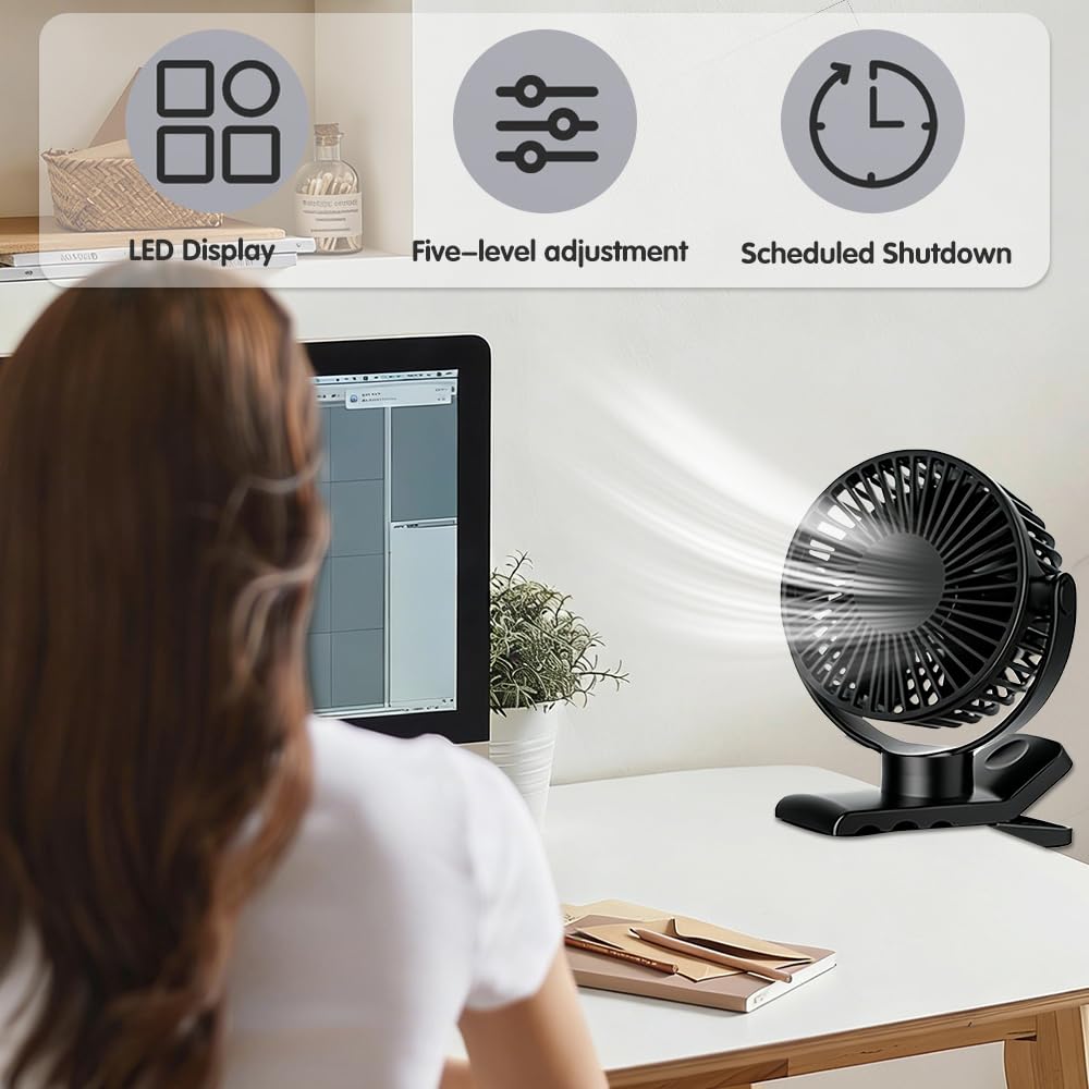 Ventilador de Mesa, 2000mAh Recargable Ventilador USB con Abrazadera Resistente, Ventilador Portátil de Clip con 5 Velocidades, Rotación de 720 Grados, para Oficina, Hogar, Acampar (Negro)