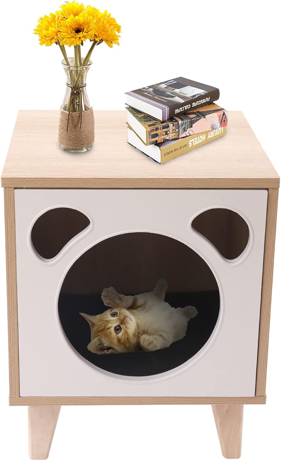 review 16 Inch Wooden Cat House Table with Open Entrance, Square Cat Condo with Wide Countertop Freestanding Cat Bed Cute Side Table White Oak for Bedroom Living Room Hallway