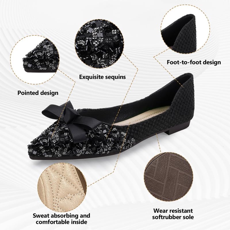 Women's Pointed Rhinestone Flat Shoes Glitter Flowers Wedding Comfortable Dress Shoes 8 Black3