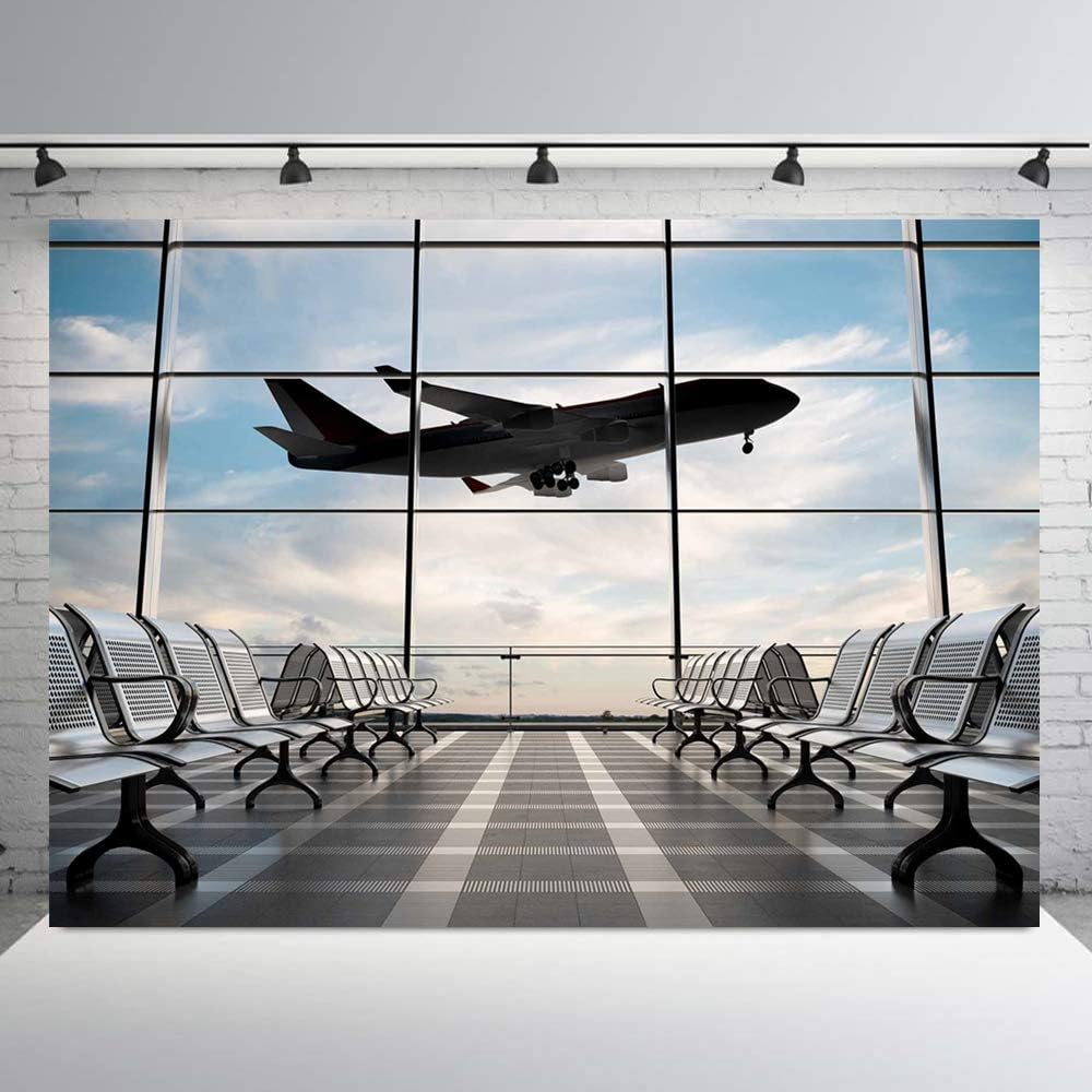 RUINI Airport Terminal Photography Backdrop Airplane Departure Airport Lounge Party Decorations Banner 7x5FT