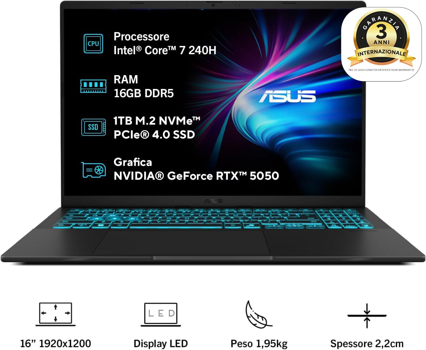 ASUS Vivobook 16 V3607VH#B0DXQCV4JB, Notebook con NVIDIA RTX 5050, Monitor da 16" Anti-glare, 144Hz, Processore Intel® Core™ 7 240H, RAM 16GB, 1TB SSD, Windows 11 Home, Nero