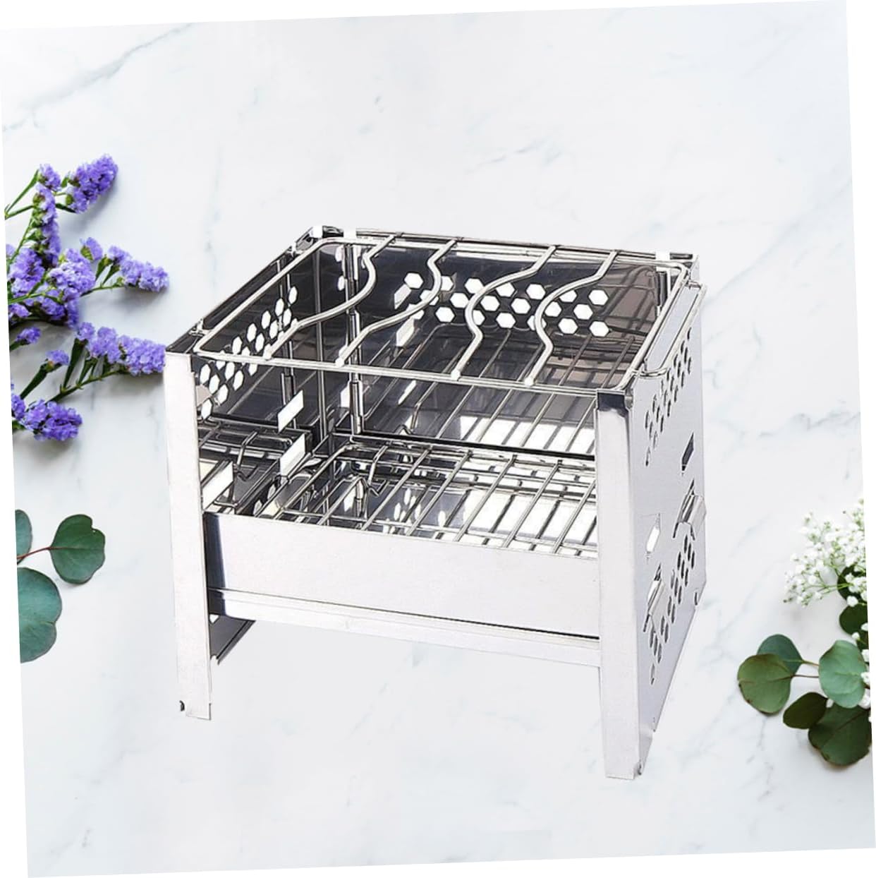 POPETPOP 1Pc Portable Stainless Steel Burning Stove Collapsible Barbecue Grill for Outdoor Camping Picnics Cookware Durable Efficient Airflow Design Silver