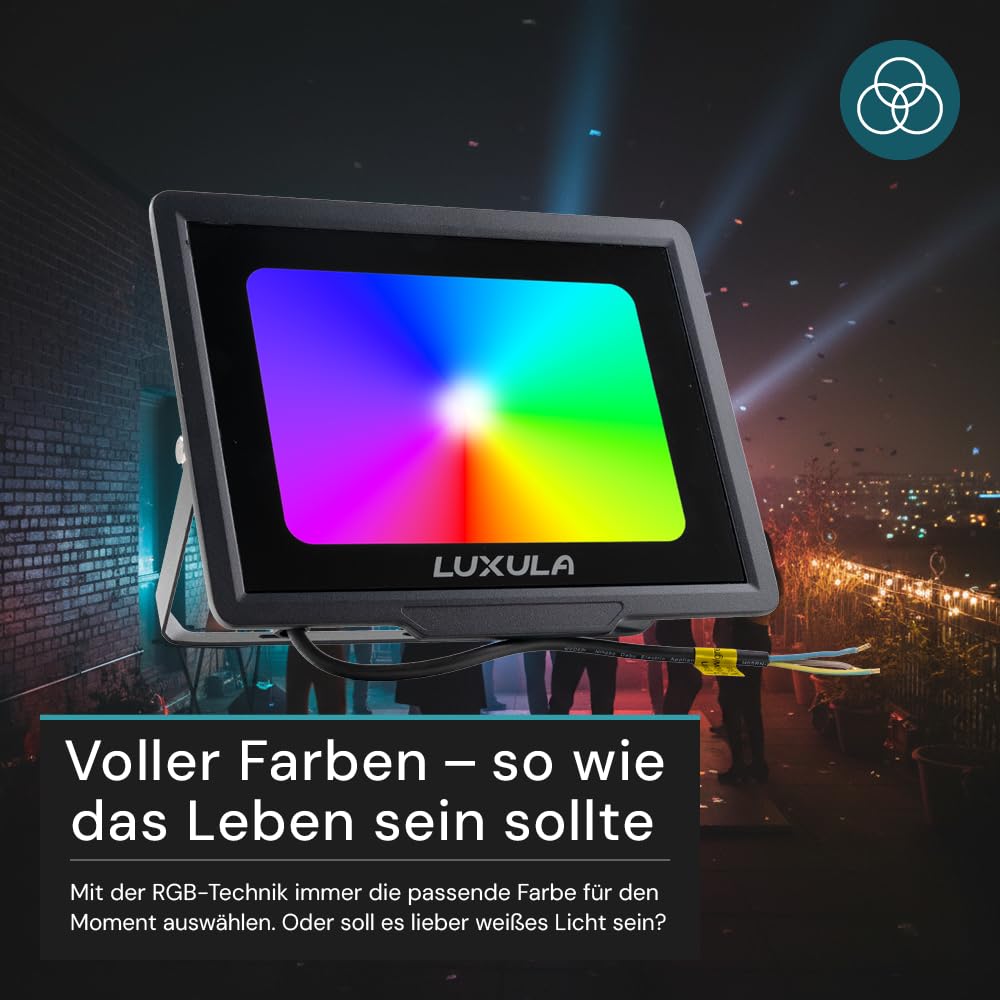 LUXULA 2 Stück RGB LED Strahler Fluter Außen 100W Dimmbar mit Fernbedienung - IP65 Außenleuchte Bunt Flutlichtstrahler Garten Party Outdoor