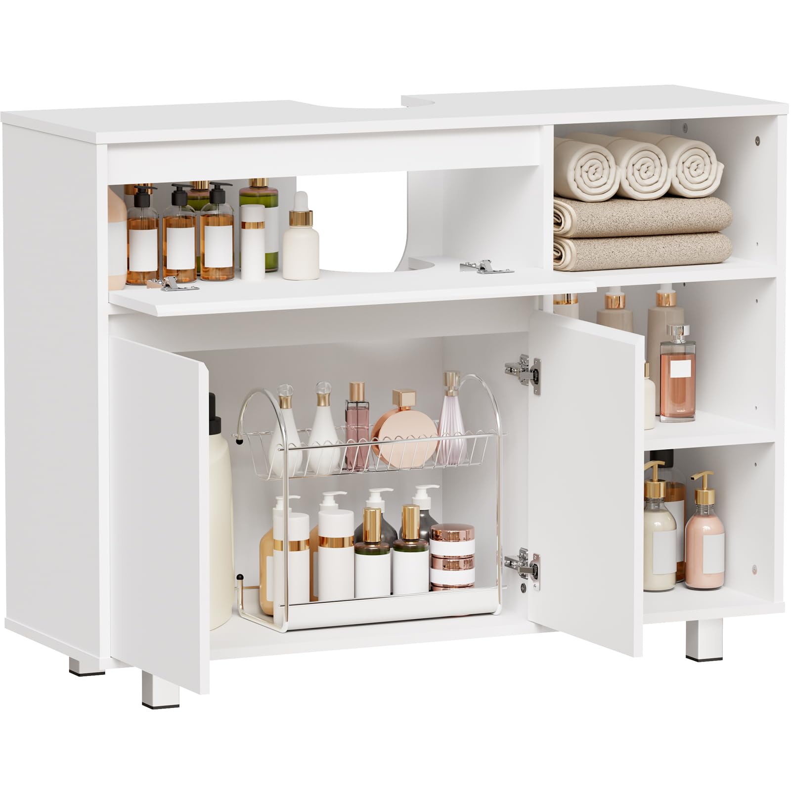 BEWISHOME Mobile Sottolavabo per Bagno,Mobile da Bagno, 1 vano Portaoggetti Nascosto, 2 Ante, 3 Ripiani Regolabili Aperti, con Gambe, 90 x 64.5 x 30 cm, Bianco EYSG02W