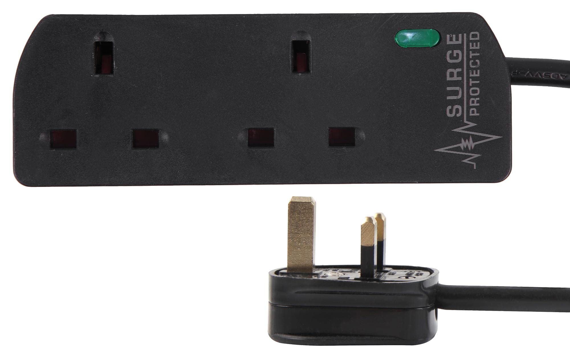 Pro Elec Black 2 Gang Surge Protected Mains Extension Lead, 1M,