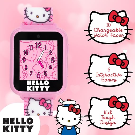 Hello Kitty Kids Smartwatch - Interactive Touchscreen with 10 Watch Faces, Camera, Games, Alarm, Step Tracker & More - Fun Gift for Girls with Pink Silicone Strap - Fits Wrists 5.5'' to 8.0