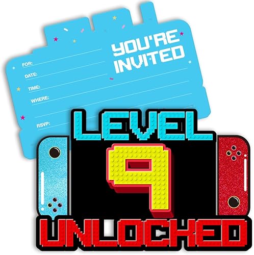 Miniatura 8 de Invitaciones de videojuegos de 7 cumpleaños con purpurina para niños de 7 años, invitaciones en forma de fiesta de cumpleaños con sobres, paquete de