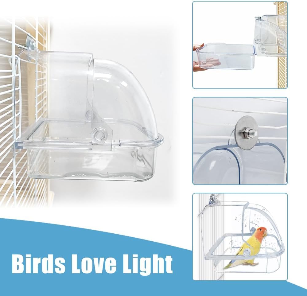 HAICHEN TEC Bird Bath for Cage - Spacious Parakeet & Parrot Bathtub with Hanging Hooks, Portable Shower for Most Birdcages, Cleaning Pet Supply (Clear) - image 4