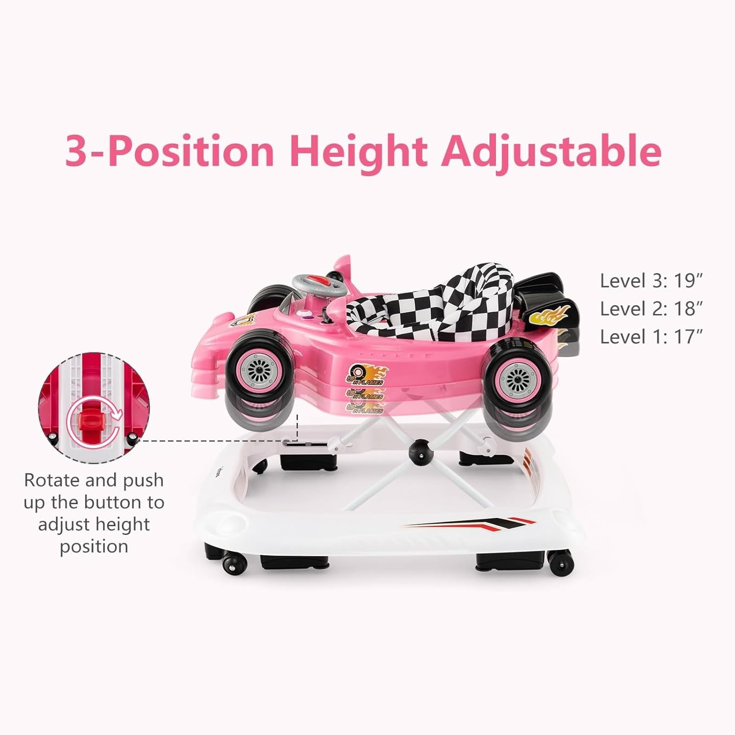 INFANS Foldable Baby Walker, 3 in 1 Toddler Activity Center Leaning-Seated Walk-Behind with Steering Wheel, Adjustable Height, Lights, Music, Washable Seat Cushion (Pink)