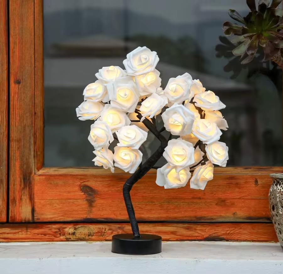 Dayish Tabletop Bonsai Tree Light/DIY Artificial Rose Tree Light LED Lamp/Sparkly Shimmer Tree for Decoration, Festival, Holiday - USB Operated (Warm White)