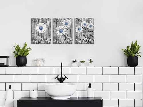 Miniatura 5 de Zlove Decoración de baño de margaritas rústicas para pared, diseño de margaritas grises y azules, cuadros de flores para dormitorio, cocina, sala de