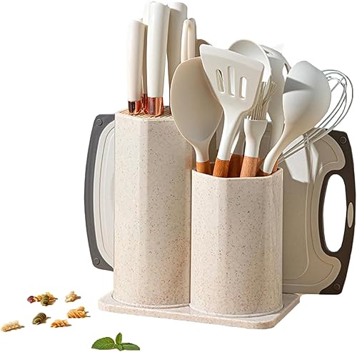 Caliamary - Juego de utensilios de cocina de silicona de 19 piezas con soporte y juego de cuchillos de cocina para cocinar, herramientas de cocina