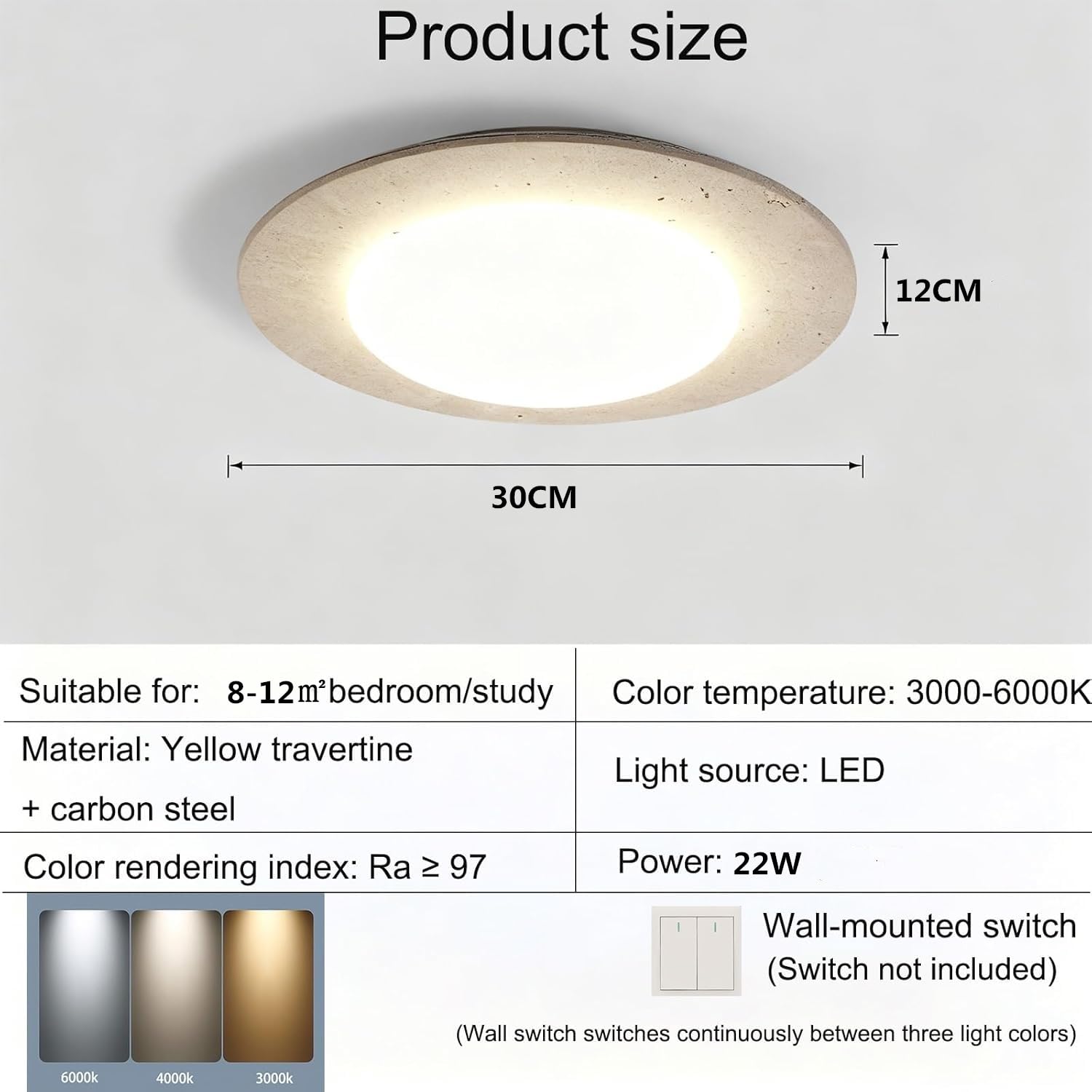 Dimmbare LED-Deckenleuchte Aus Travertin,Moderne Runde Deckenlampe Aus Naturstein Im Wabi-Sabi-Stil,Minimalistische Heimdekoration Beleuchtung Für Schlafzimmer,Wohnzimmer Und Flur(30CM)