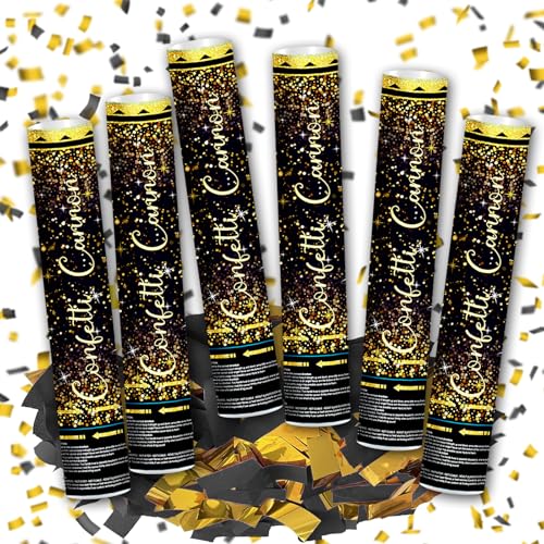 12" Black Gold Confetti Cannons Party Poppers for Birthday Graduation Wedding Retirement New Year Celebrations - Easy to Use, Paper and Foil Confetti - Pack of 6 by Klyroish - Used condition - US$15.86