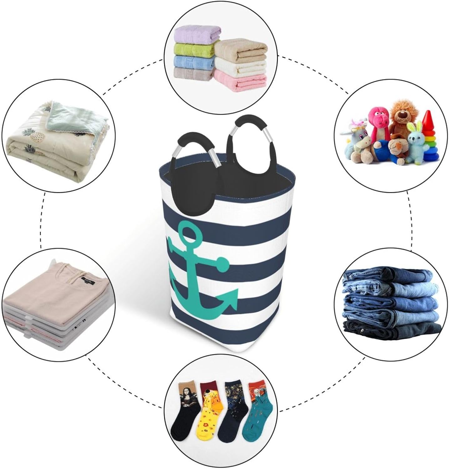 Large Laundry Basket, Nautical Navy Blue Stripes Turquoise Anchor Laundry Hamper Bag Collapsible Washing Bin With Handles for College Dorm, Family Essentials Storage