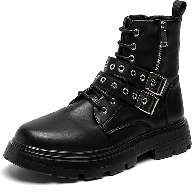 Ephirebra Mens Platform Ankle Boots Lace Up Buckle Side Zipper Non-Slip Round Toe Combat Booties Motorcycle Boots