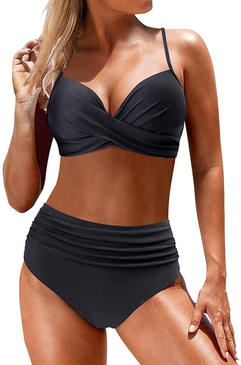 Yutdeng Trajes de Baño Divididos Mujer Push Up Bikinis con Aros Sexy Crossover Fruncido Conjunto de Bañador Correas Ajustables Estampado Braguita de Bikini Cintura Alta
