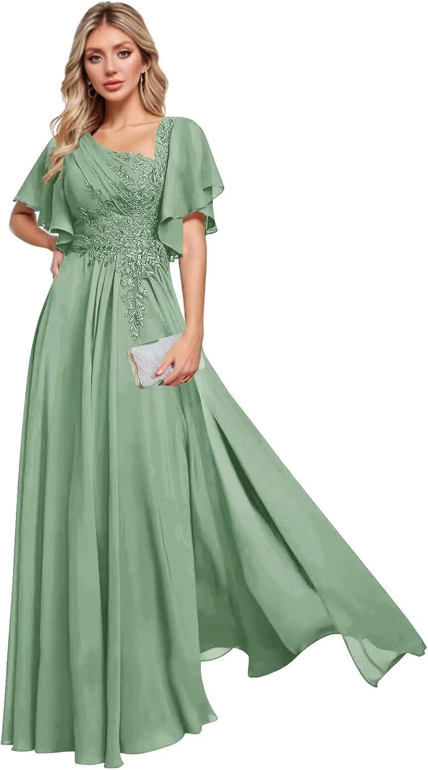 Lace Chiffon Mother of The Bride Dresses for Women A-Line Ruffles Wedding Guest Dress Long Formal Evening Gown