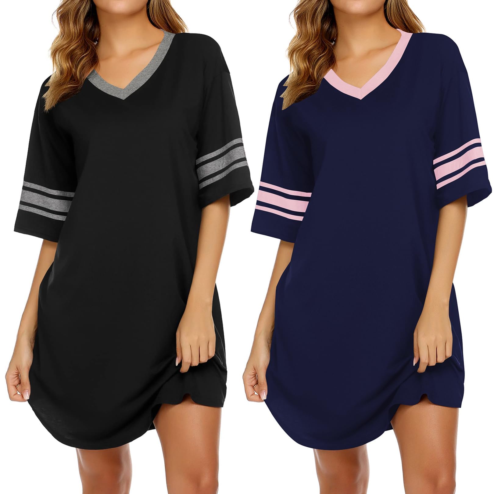 Ekouaer 2er Nachthemd Damen Kurzarm Schlafshirt Kurz V-Ausschnitt Sleepshirt Lose Schlafkleid Nachtwäsche S-XXL