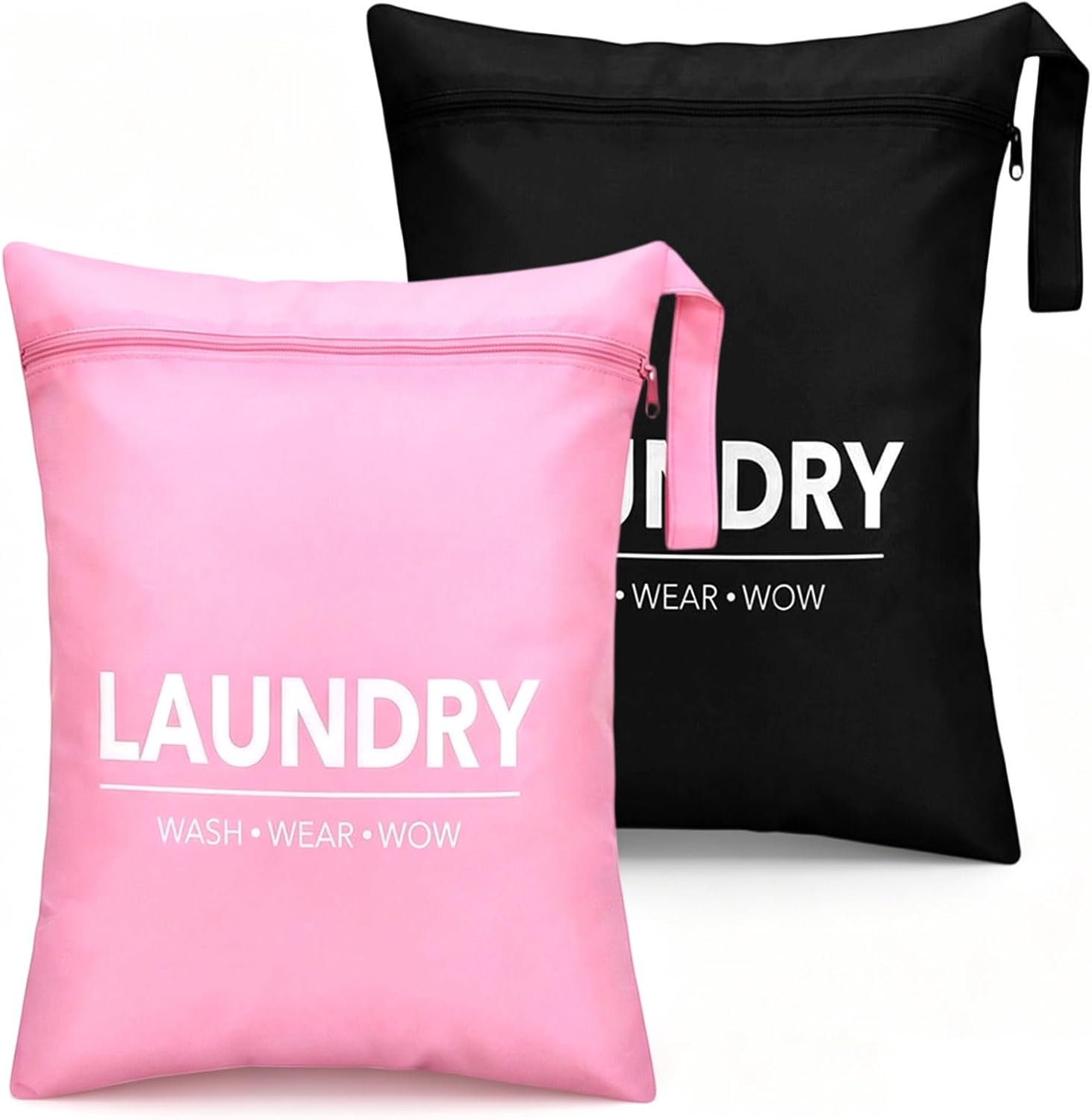 Thinp 2 Pcs Wet Dry Bag for Swimsuit, Travel Laundry Bags for Dirty Clothes Waterproof Wet Clothes Bag Washable Laundry Bags for Travel Gym Swimming Pool Yoga (Black & Pink, 19 * 15in)