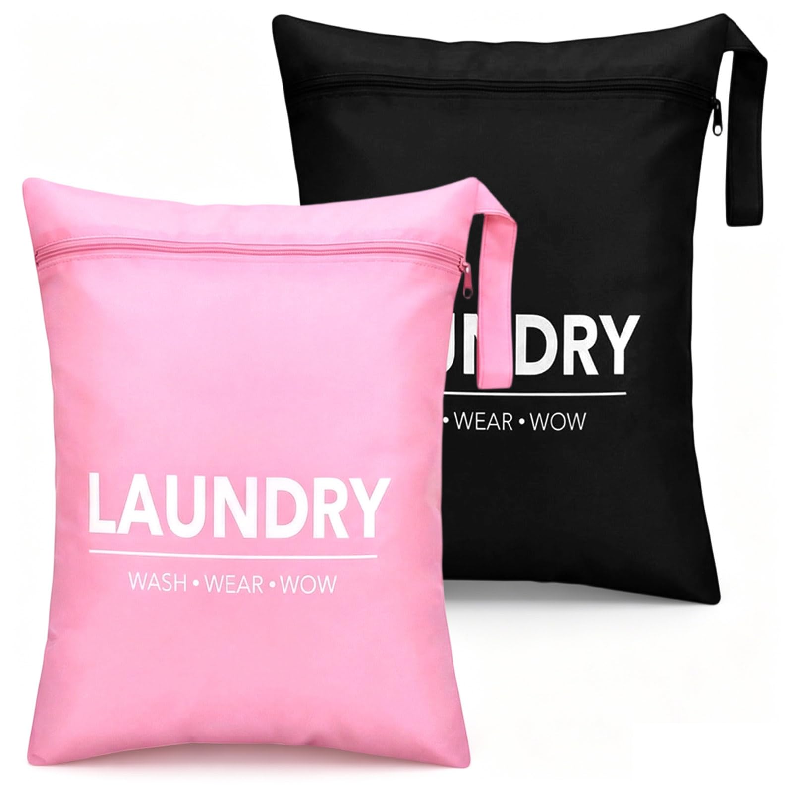 Thinp 2 Pcs Wet Bags, Waterproof Travel Laundry Bag Reusable & Washable Wet Clothes Bag for Swimming with Handle & Zipper for Gym Beach Swimming Yoga Dirty Clothes (Black, Pink)