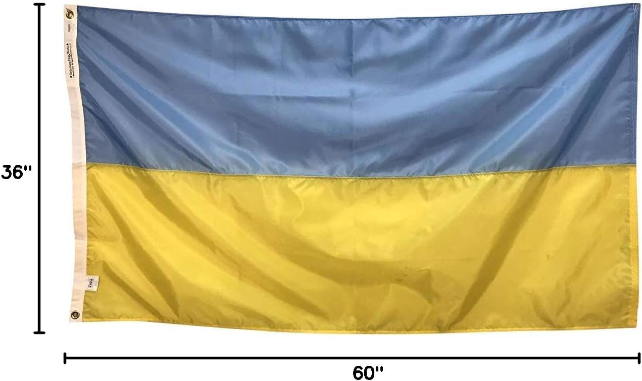 3x5' Ukraine Flag, Sewn Stripes of Durable and Fade Resistant All Weather Nylon, With Canvas Header and Brass Grommets, 4 Rows of Fly End Stitching, Made in USA