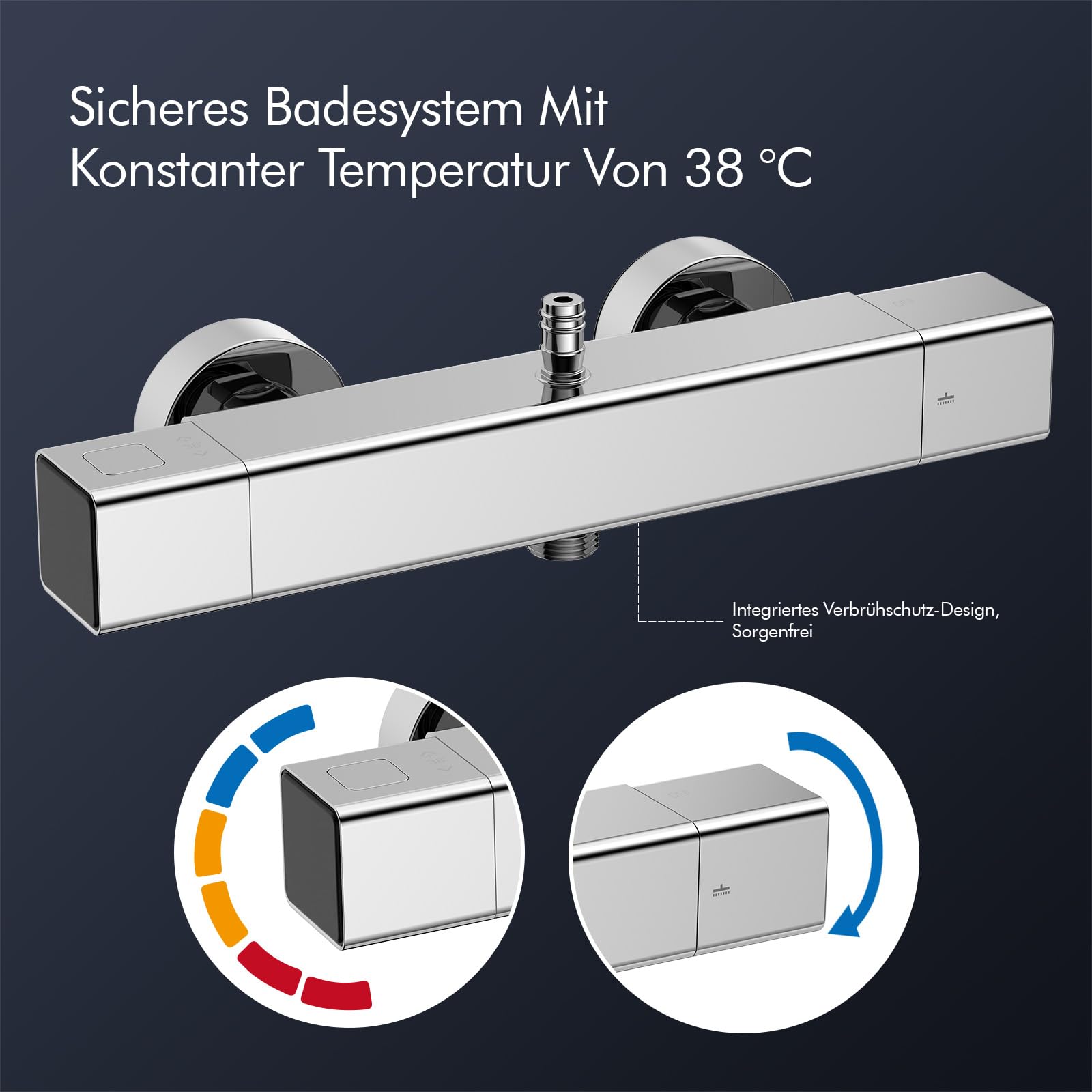 HOMELODY Sistema de ducha con termostato y estante de ducha cromado, juego completo con ducha de mano y alcachofa – Altura regulable, bloqueo de seguridad de 38 °C, montaje en pared para baño moderno
