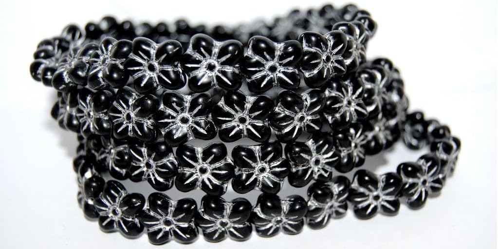 Outlet 10 Grams Flower Pressed Glass Beads, 14 x 12 mm, Black Silver Lined (23980-54201), Glass, Czech Republic