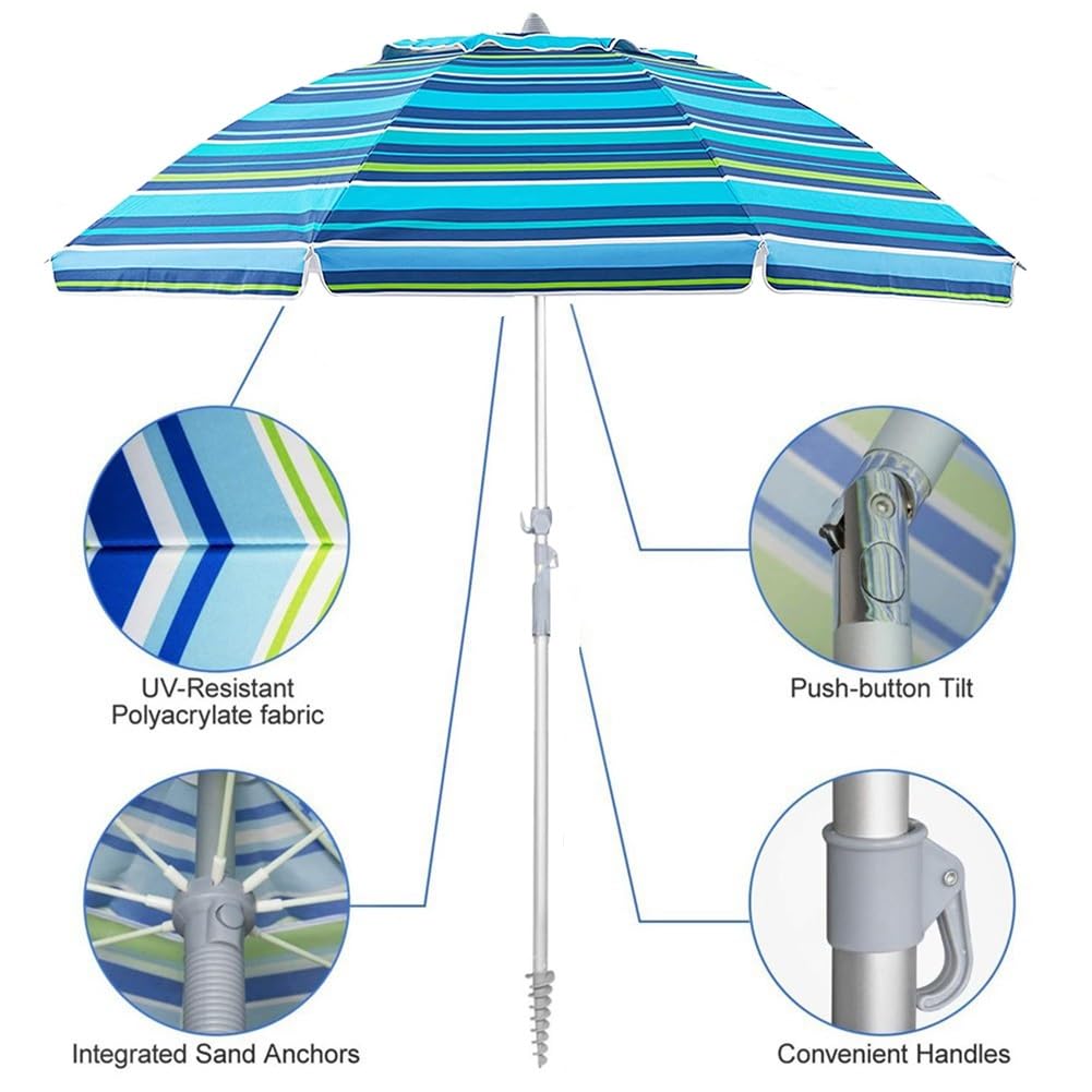 Ombrellone da spiaggia portatile a righe con ancoraggio per la sabbia, per esterni, patio, antivento, antipioggia, UPF50+, palo in alluminio resistente, ombrellone da giardino
