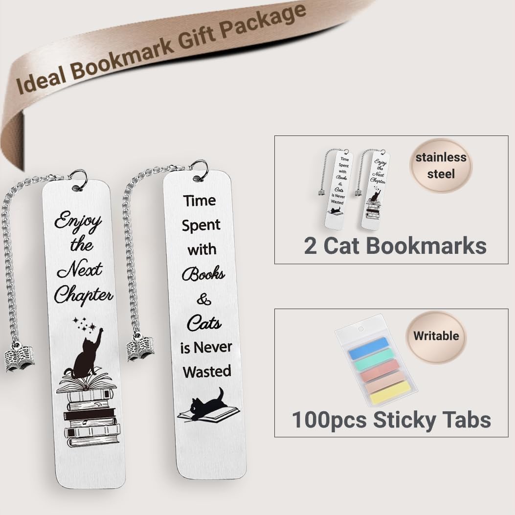 Metal Bookmark Gift for Book Lover - 2 Pcs for Women with 100 Page Marker - Cat Mom - Image 2