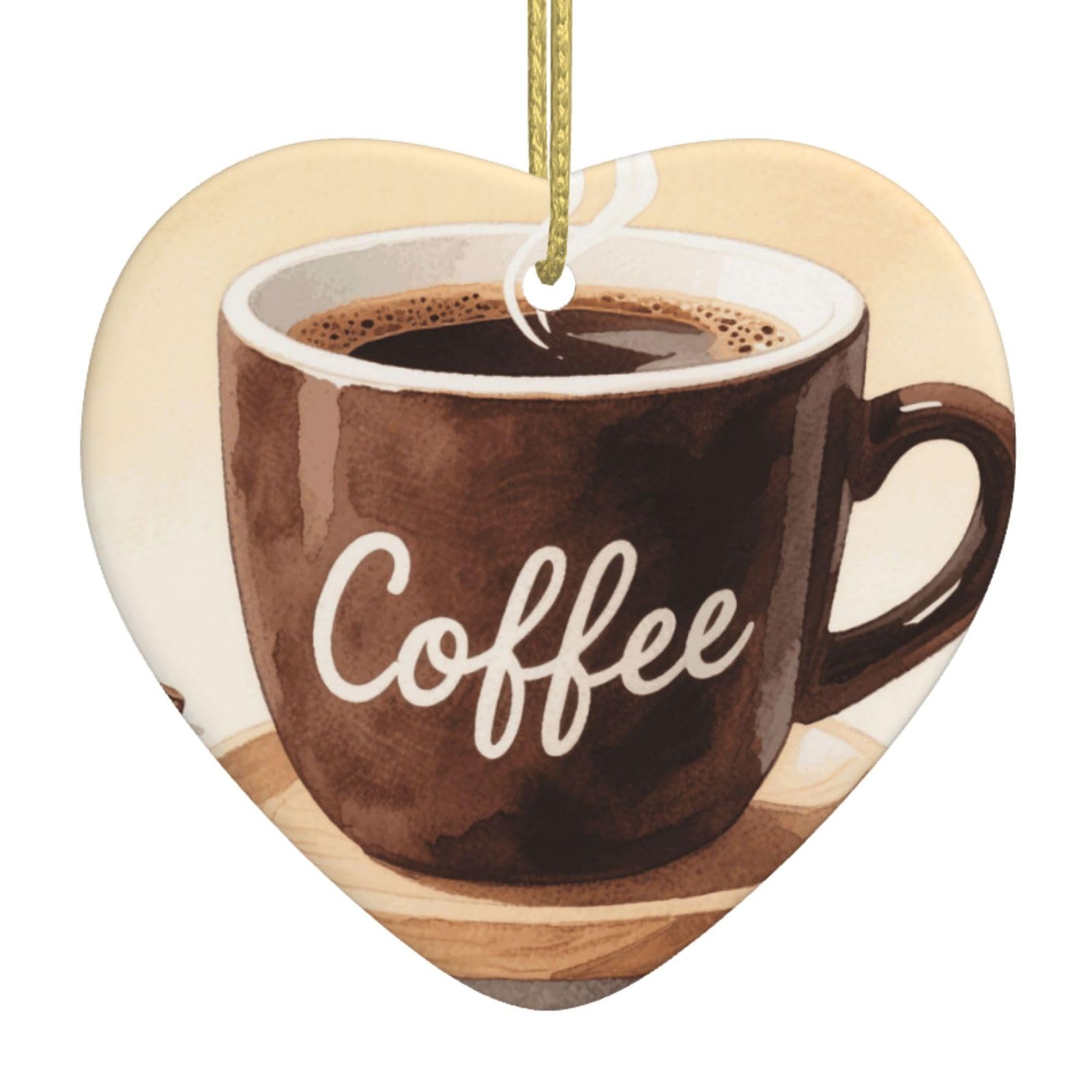 Watercolor Coffee Cup Christmas Ornament 2025 Heart Ceramic Hanging Ornaments for Home Decor Christmas Decorations with Gold Rope Double-Sided Xmas Tree Ceramic Hanging for Holiday Party