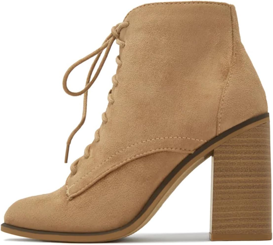 YDN Women Classic Ankle Boots Round Toe Lace Up Booties Block High Heels Side Zippers Shoes Working Business Daily Size 4-16 US