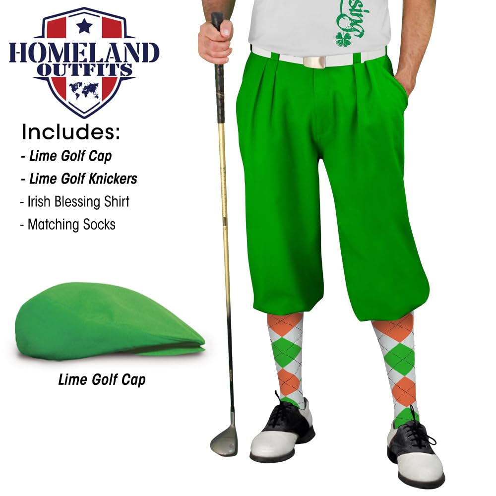 Golf Knickers Irish Homeland Blessings Traditional (Plus Fours) Complete Golf Outfit for Men (Lime)- Waist Size 54 - Shirt Size Small